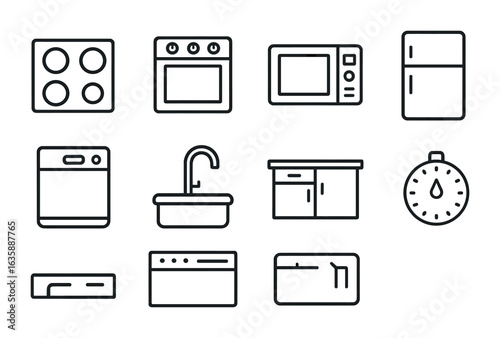 Kitchen Appliance Icons. Outline icon set of kitchen appliances: stove top, oven, microwave, refrigerator,
