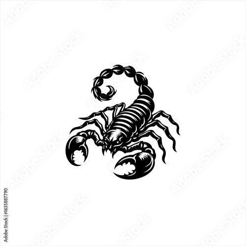 Black and white graphic illustration of a scorpion
