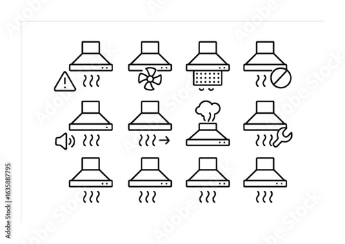 Range Hood Troubleshooting Icons. Outline icon set of troubleshooting range hood issues: error warning, broken