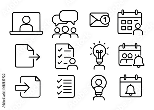 Teamwork Icon Set. Outline icon set of teamwork and communication: video call, group chat, message