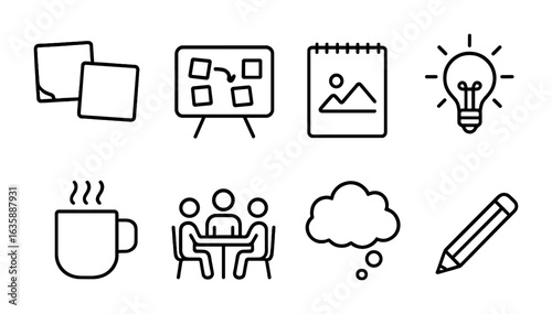 Brainstorming Icon Set. Outline icon set of creative brainstorming: sticky notes, whiteboard, sketch pad, idea