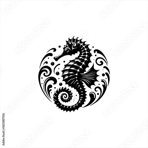Stylized black seahorse with swirling water elements