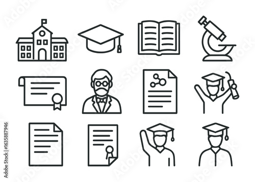 Education Icon Set. Outline icon set of education and research institutions: school building, university cap,