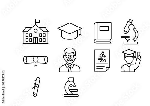 Education Icon Set. Outline icon set of education and research institutions: school building, university cap,