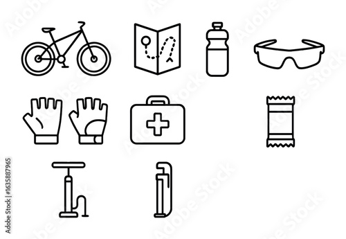 Cycling Icon Set. Outline icon set of recreational cycling: mountain bike, trail map, water bottle, sunglasses