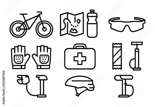 Cycling Icon Set. Outline icon set of recreational cycling: mountain bike, trail map, water bottle, sunglasses