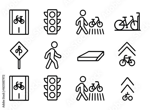 Urban Cycling Icons. Outline icon set of urban cycling infrastructure: bike path, traffic light, crosswalk,
