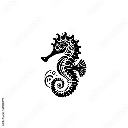 Ornate black seahorse silhouette with swirling tail