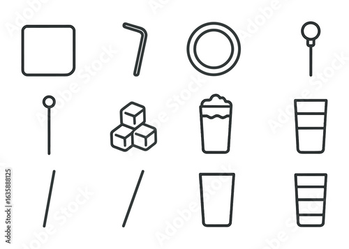 Drink Icon Set. Outline icon set of drink presentation: cocktail napkin, straw, glass coaster, garnish skewer,
