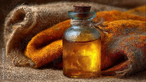 Amber liquid in glass bottle, draped in burlap