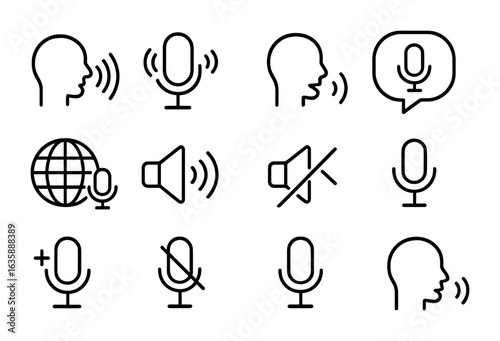 Voice Interaction Icons. Outline icon set of voice interaction modes: voice wake word, continuous listening,