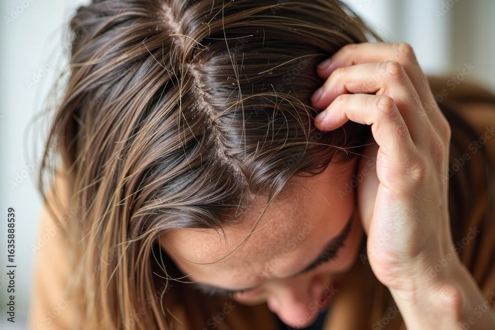 Fototapeta premium Person with Long Hair Scratching Dry, Flaky Scalp with Dandruff in Close-Up Shot