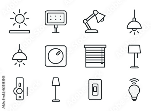 Lighting Solutions Icons. Outline icon set of lighting solutions: natural light, LED panel, desk lamp, pendant