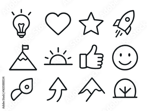 Motivational Icon Set. Outline icon set of motivation and inspiration: lightbulb, heart, star, rocket,