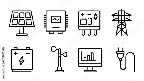 Renewable Energy Icons. Outline icon set of renewable energy components: solar cell, power converter, charge
