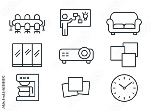 Office Space Icons. Outline icon set of collaborative office spaces: conference table, brainstorming wall,