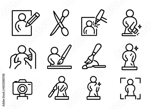 Art Process Icons. Outline icon set of art creation process: sketch, cutting, welding, polishing, assembling,