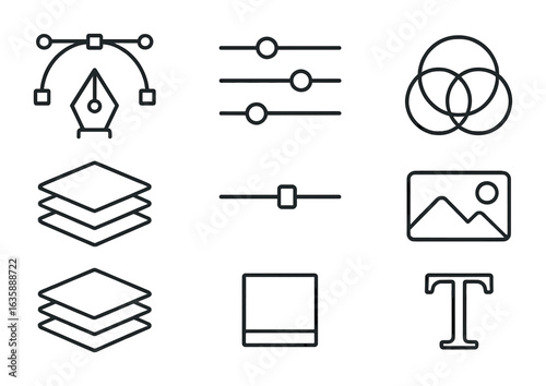 Graphic Design Icon Set. Outline icon set of graphic design layers: vector paths, adjustment layers, mask icon