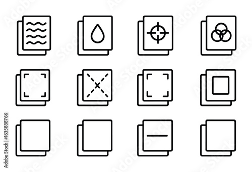 Printed Media Icons. Outline icon set of printed media layers: paper texture, ink droplet, registration marks,