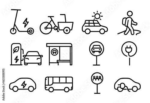 Eco Transport Icons. Outline vector icons of eco-friendly transport: electric scooter, cargo bike, solar car,