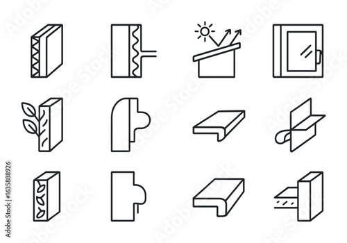 High-Performance Building Icons. Outline vector icons of high-performance building envelope: insulated wall
