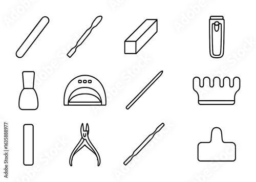 Manicure Tool Icons. Outline vector icons of manicure tools and accessories: nail file, cuticle pusher, buffer