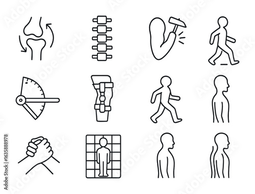 Musculoskeletal Exam Icons. Outline vector icons of musculoskeletal exam: joint movement icon, spine diagram,