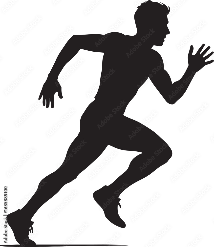 Fototapeta premium A silhouette of runner mid-stride, energetic motion, clean black on white