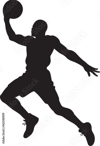 A silhouette of basketball player dunking, dramatic motion, clean black shape