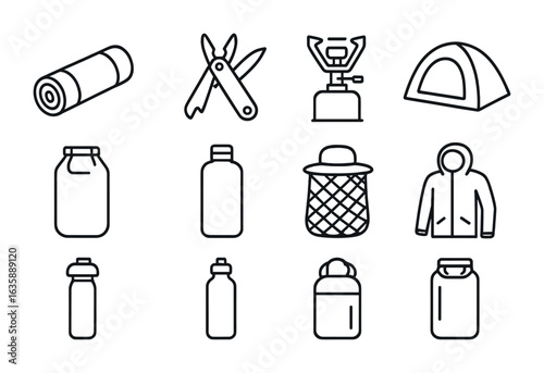 Backpacking Essentials Icons. Outline vector icons of backpacking essentials: roll mat, multi-tool, travel