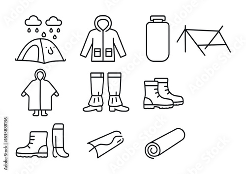 Camping Gear Icons. Outline vector icons of camping in rainy weather: waterproof tent, rain jacket, dry sack,