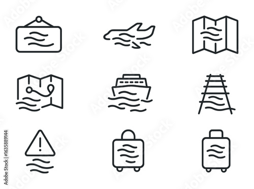 Foggy Travel Icons. Outline vector icons of fog-related travel icons: delayed sign, airplane in mist, fog map,