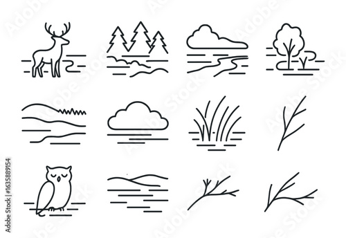 Nature Fog Icons. Outline vector icons of fog in nature illustrations: deer in mist, layered forest, quiet