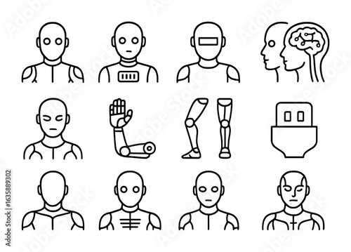 Futuristic Android Icons. Outline vector icons of futuristic androids: sleek torso, glowing eyes, voice module