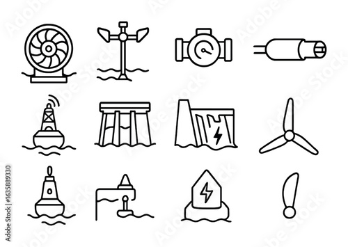 Hydro-Marine Tech Icons. Outline vector icons of hydro and marine energy tech: micro-hydro turbine, tidal