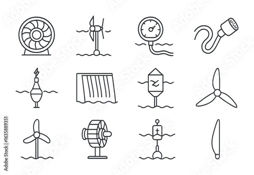 Hydro-Marine Tech Icons. Outline vector icons of hydro and marine energy tech: micro-hydro turbine, tidal