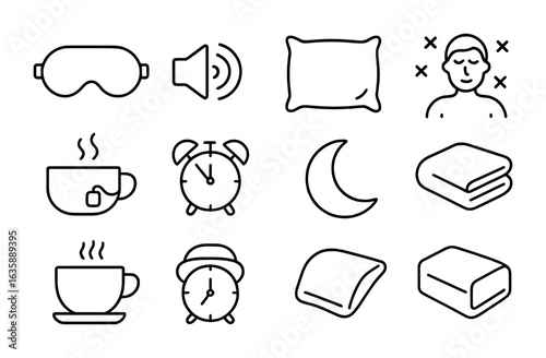 Sleep Technique Icons. Outline vector icons of sleep and rest techniques: sleep mask, white noise, pillow icon