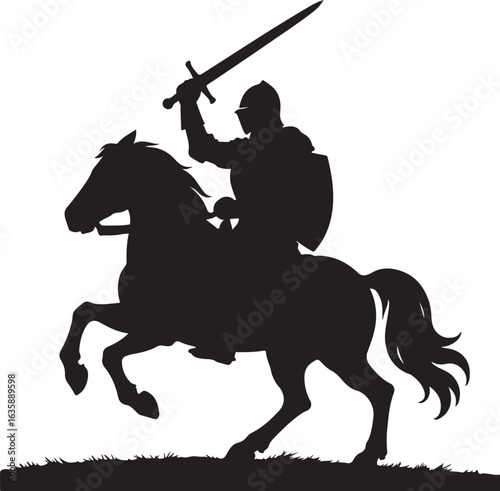A silhouette of a knight on horseback with sword, medieval theme