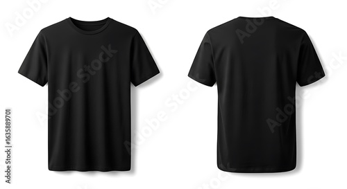 Front and back view of a black tshirt isolated on a white background