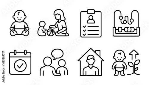 Early Intervention Icons. Outline vector icons of early intervention services: baby icon, therapy play,