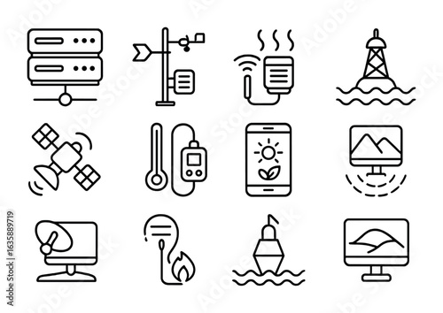 Environmental Data Icon Grid. Outline vector icons of environmental data collection: data hub, weather station