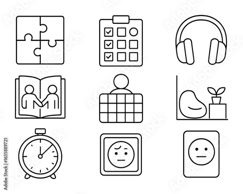 Autism Support Icons. Outline vector icons of autism support and routines: puzzle symbol, routine chart, noise