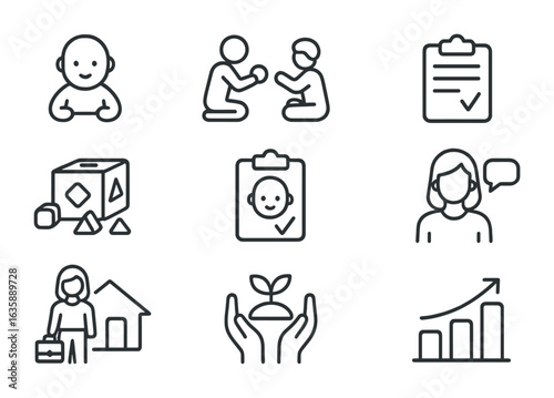 Early Intervention Icons. Outline vector icons of early intervention services: baby icon, therapy play,
