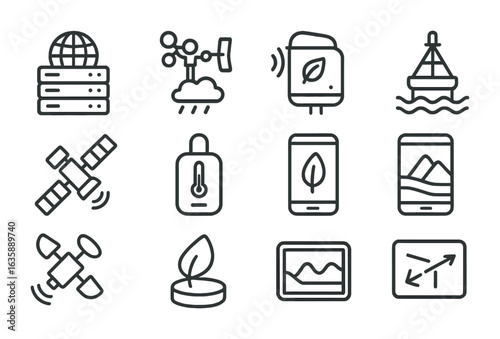 Environmental Data Icon Grid. Outline vector icons of environmental data collection: data hub, weather station