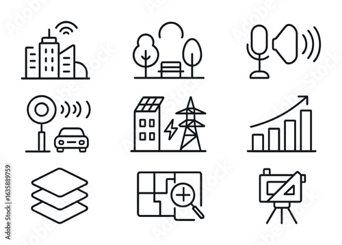 Smart City Icons. Outline vector icons of sustainable urban planning with AI: smart city icon, green zone,