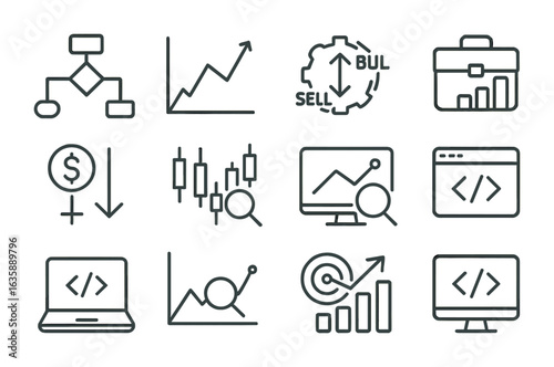 Stock Market Icons. Outline vector icons of stock market automation tools: trading algorithm, equity graph,