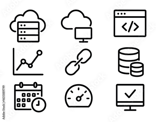 Trading Bot Infrastructure Icons. Outline vector icons of trading bot infrastructure: cloud server, VPS icon,
