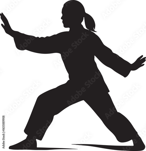 A silhouette of person doing tai chi move, flowing form, black on white
