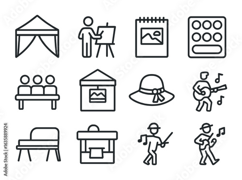Outdoor Art Festival Icons. Outline vector icons of outdoor art festivals: open tent, plein air artist,