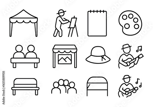 Outdoor Art Festival Icons. Outline vector icons of outdoor art festivals: open tent, plein air artist,